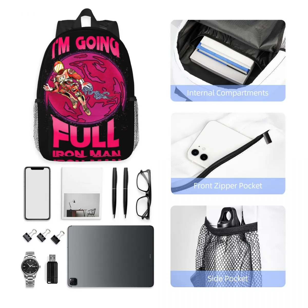 Iron Man Compact 15-Inch Backpack - Stylish Lightweight Bag Perfect for Students and Commuters