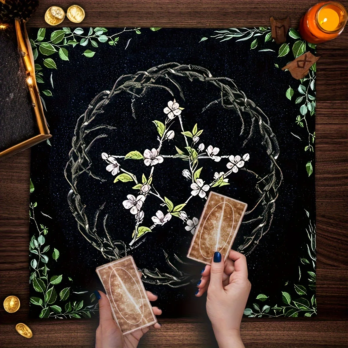 Mystical Tarot Reading Cloth with Garland, Olive Leaf & Pentagram Design - Perfect for Parties & Gifts, Polyester, Square Shape