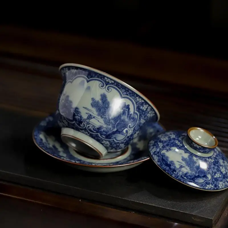 Jingdezhen Firewood Kiln Blue and White Porcelain Gaiwan Suit Cover Bowl Set Not Scald Single Brewing