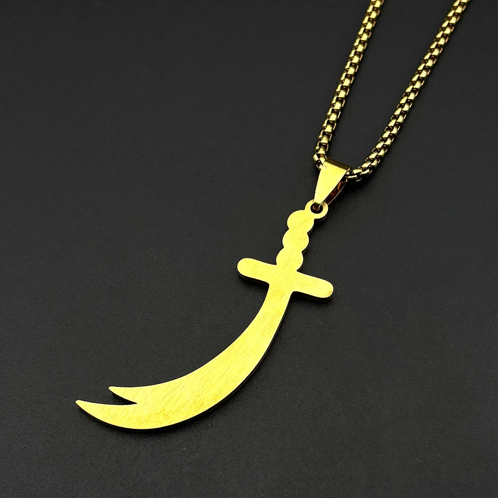 Islamic Imam Ali Zulfiqar Sword Pendant Necklace for Women Men Stainless Steel Gold Color Full Rhinestones Arabic Chain Jewelry - view 4