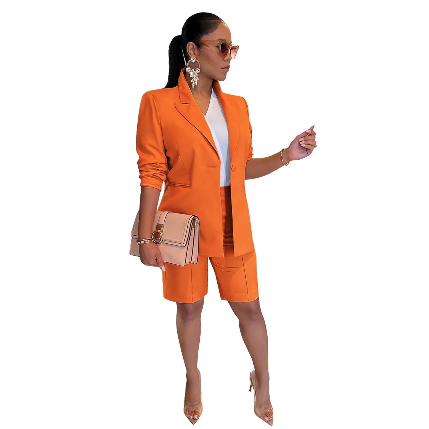 Solid Casual Set di due pezzi per donna completi coordinati completi Blazer a maniche lunghe cappotto e pantaloncini Office Lady eleganti abiti da