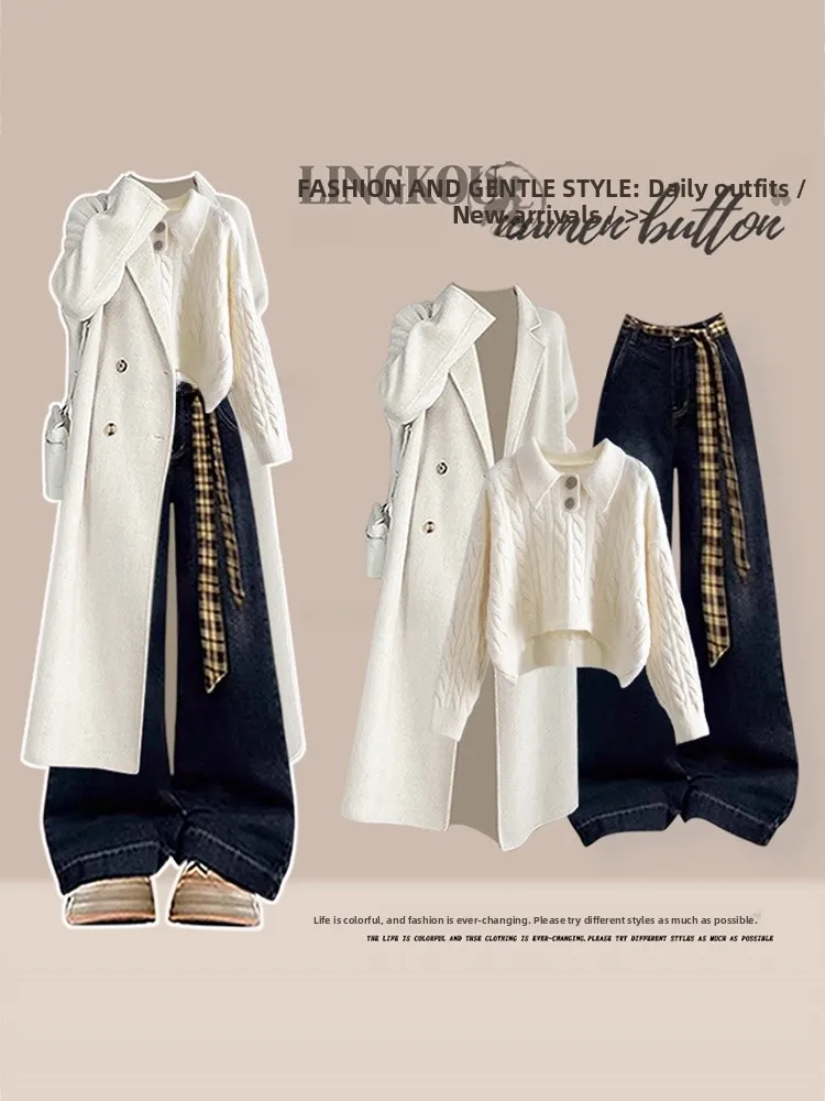 

Korean Style Women's Autumn Winter Knitted Sweater And Jeans Three-Piece Set plus Size Long Coat Vintage Slimming Effect