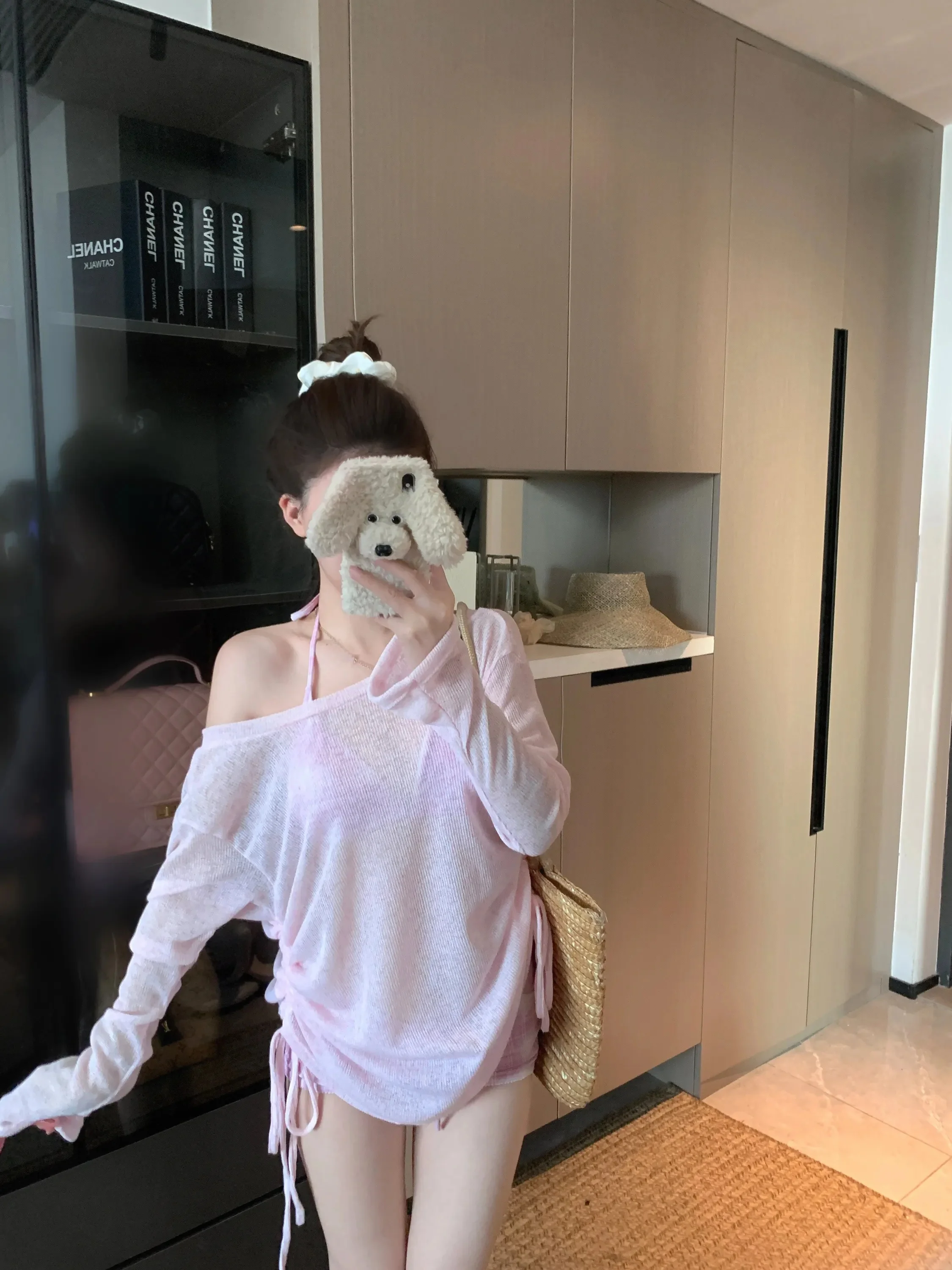 Loose Long Sleeve Three-Piece Swimsuit for Girls Pink Sweet Conservative Thermal Spa Sexy Holiday Polyester Spandex V-Neck