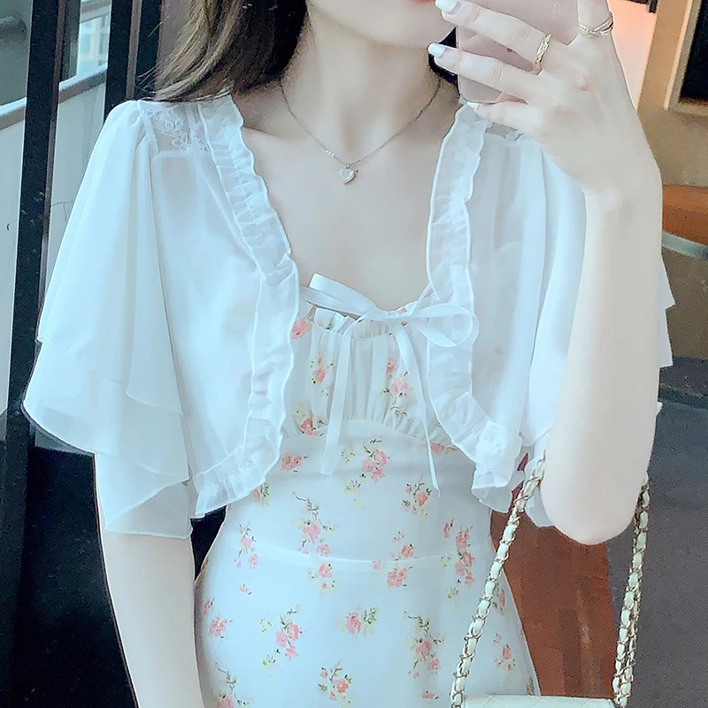 Ruffle Lace Chiffon Cropped Cardigan Women Summer Bell-Sleeve Bolero Shrug Top Korean Style Elegant Ladies White Pink Shirts