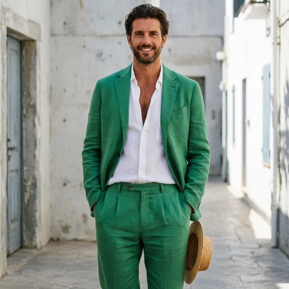 

Summer Men Suits Linen 2 Pieces Lightweight Blazer with Trousers Set Vintage Design for Beach Party Daily Wear Custom Made