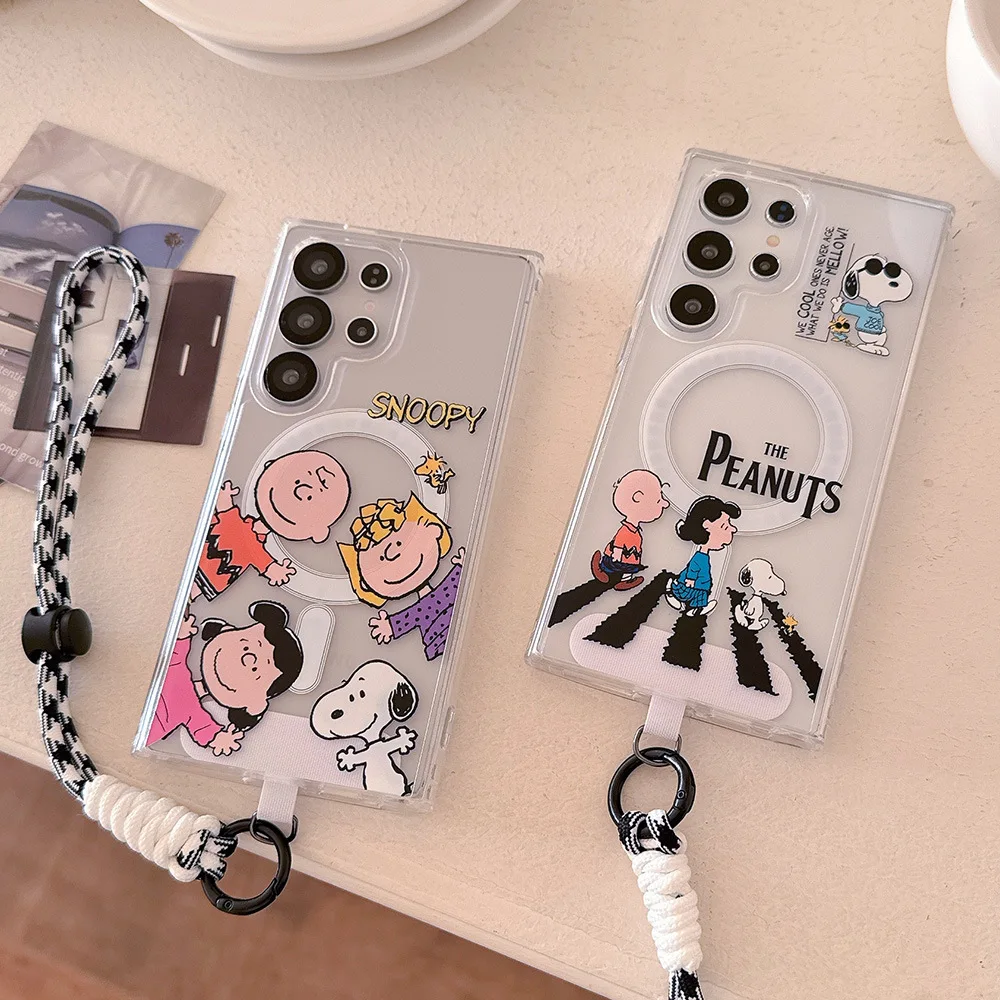 Cute Cartoon Snoopy Charlie Brown Magnetic Magsafe Wireless Charge Phone Case For Samsung Galaxy S26 25 24 23 Ultra Puls Cover