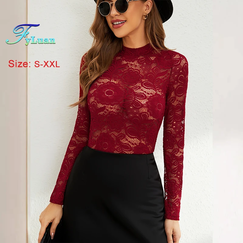 بلوزات نسائية من الدانتيل بأكمام طويلة مثيرة شبه منظور وياقة واقفة صغيرة وطبقة أساسية للتخسيس بلوفر متعدد الاستخدامات بلون سادة