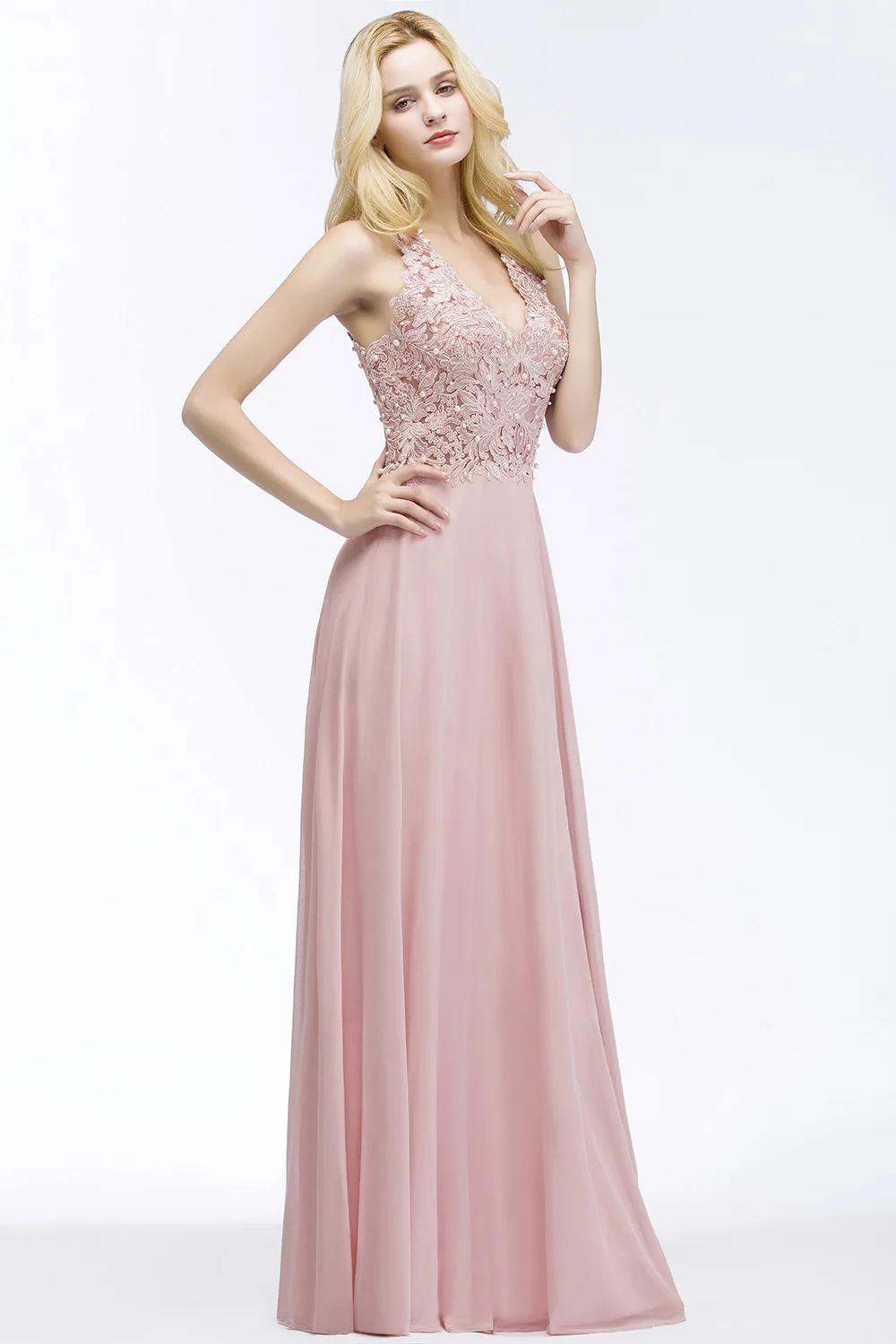 Dusty Pink Halter Neck Lace Pearls Evening Dresses Long Sexy Open Back Chiffon Formal Party Prom Gowns Vestido De Gala Jurken