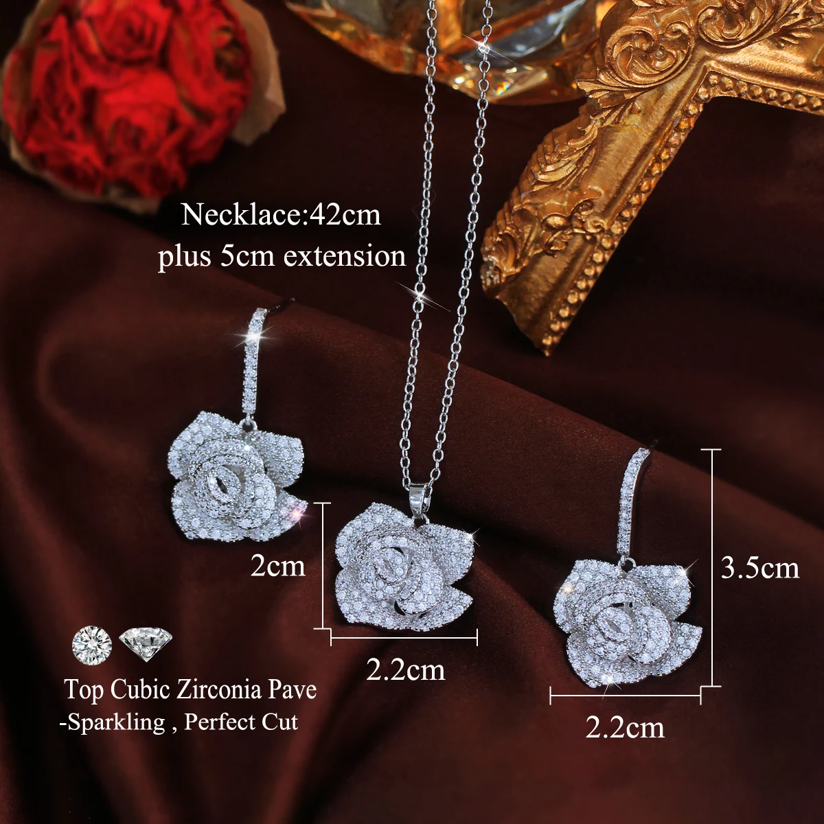 CWWZircons Geometric Flower Design Cubic Zircon Fashion Brand Women Rose Gold Color Earrings Necklace Pendant Jewelry Sets T0015