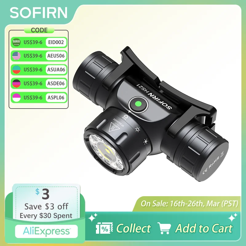 Sofirn HS21 lampe frontale 2000lm EDC 18650 USB C lampe de poche Rechargeable SFT40 Led phare puissant IP65 torche à Induction infrarouge