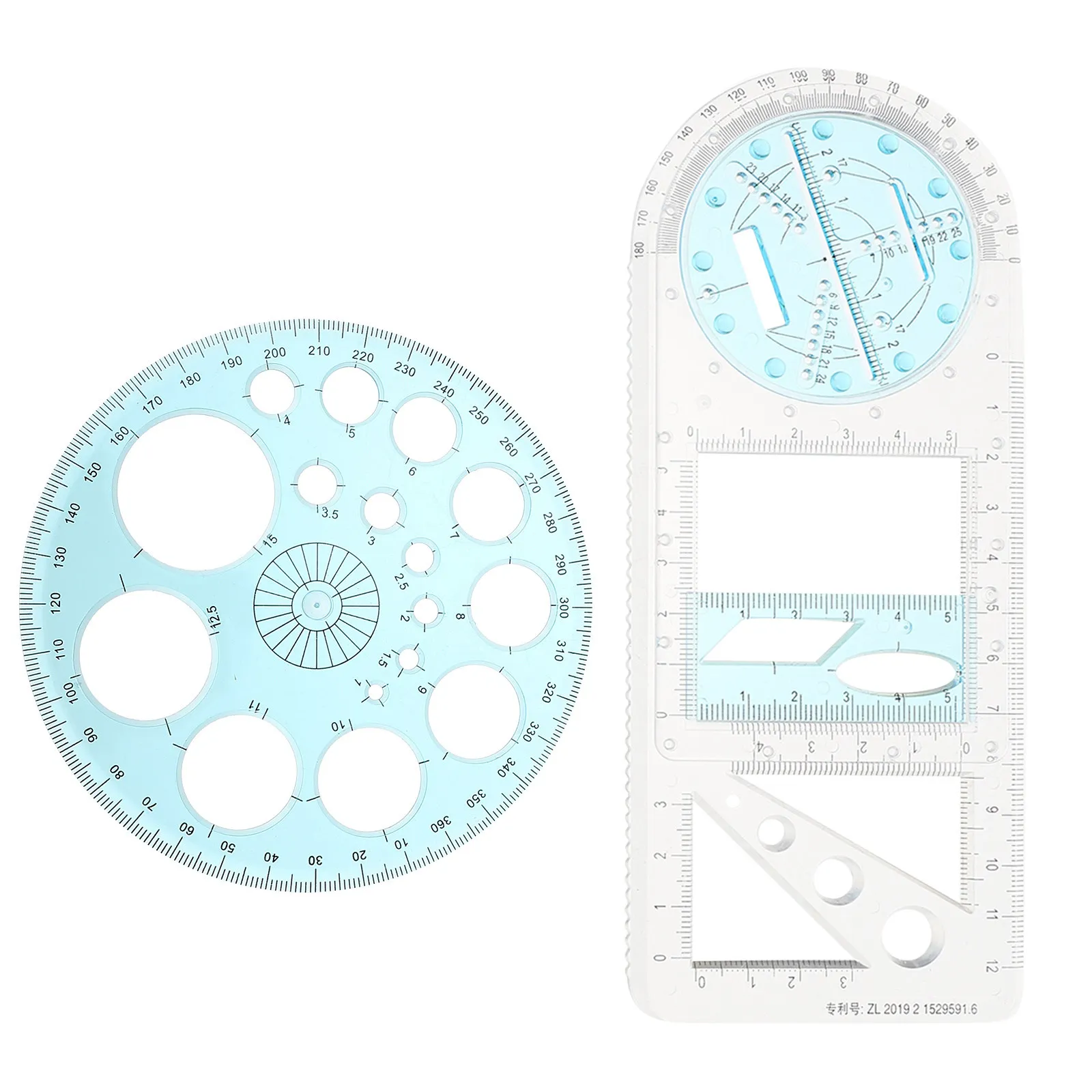 

2 шт. пластиковых многофункциональных линеек-трафаретов для геометрических чертежей, для студентов и дизайнеров, школьные принадлежности