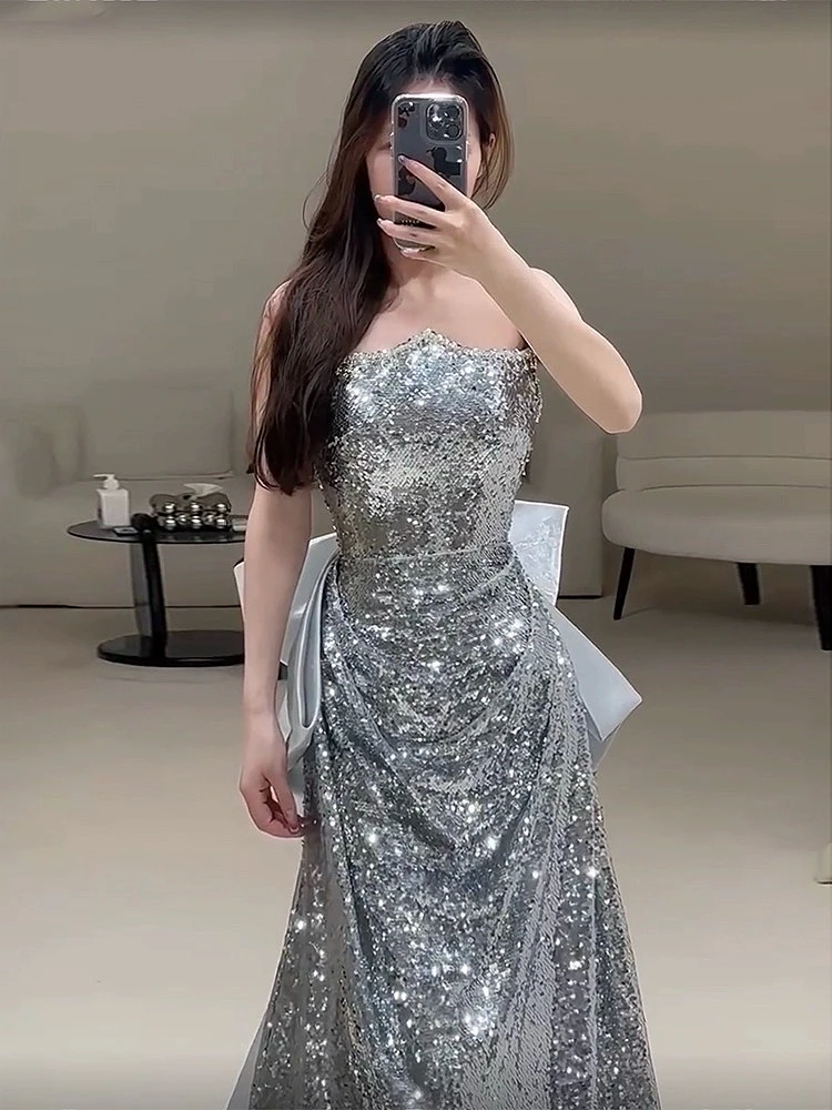 Silvery Princess Evening Dresses Boat Neck Lace-up Sleeveless Long Bow Trailing Engagement Wedding Party Ball Gowns 2024