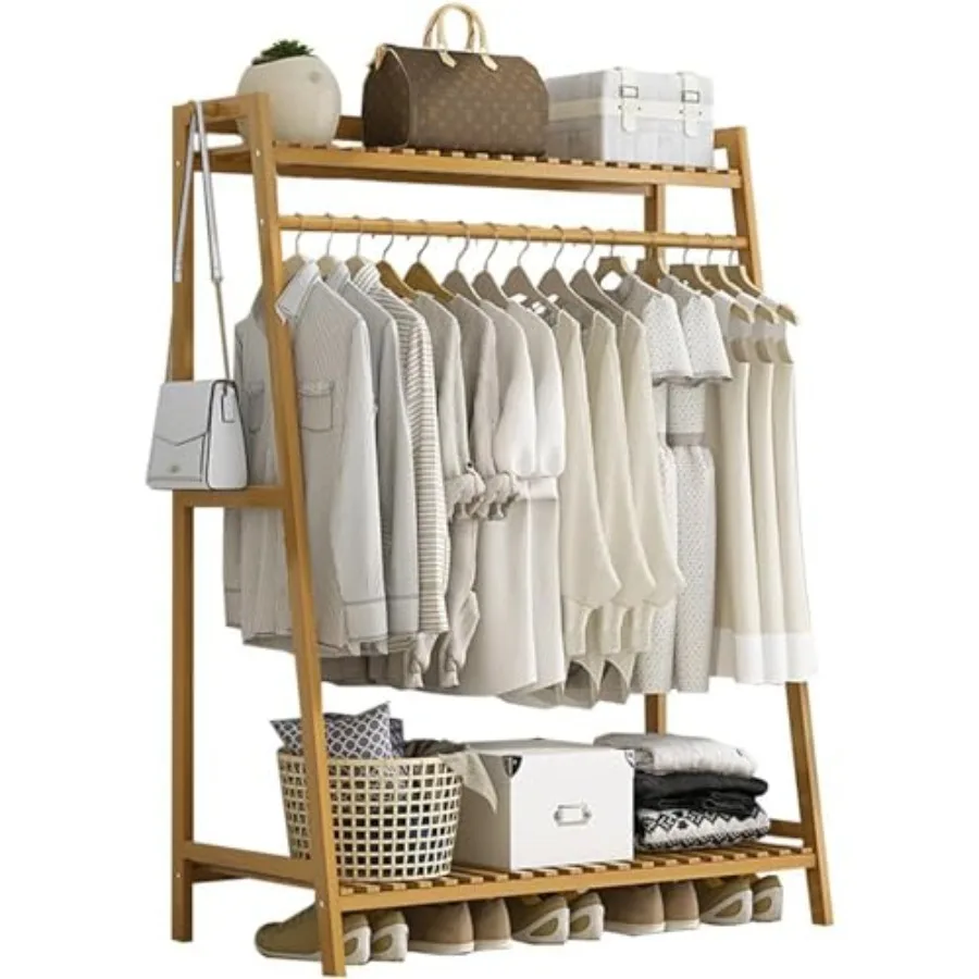 

Бамбуковая вешалка для одежды с 2-уровневой полкой для хранения, портативный органайзер для гардероба с верхней полкой, размер S