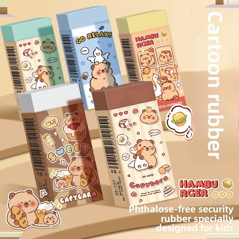12 Pcs Capybara Eraser Cute Long Eraser Pupil Pencil Eraser Cartoon No Crumbs Wipe Clean Back To School