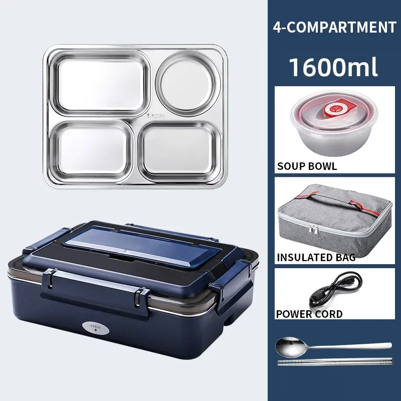 1.6L Electric Lunch Box No Water Required, 304 Stainless Steel Inner Pot, Heats Up Instantly, Keeps Food Warm