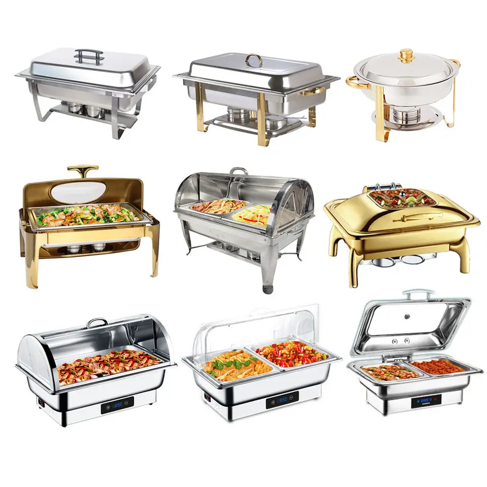 1pcsGold Glass Roll Top Food Warmer Alcohol Stove Chafing Dishes Buffet Food Pan Chafer Buffet Set otel Restaurant Buffet Server