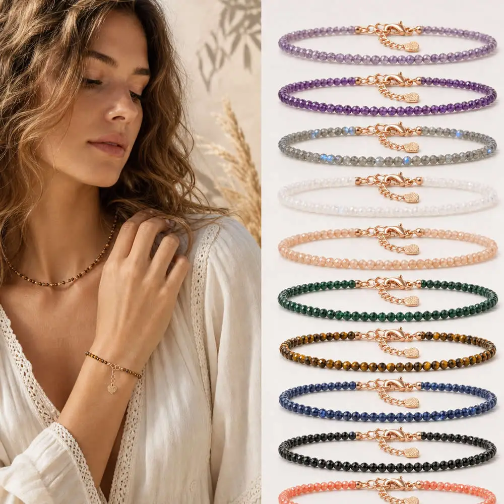 Natural Stone Cut Angular 2-3Mm Beads Bracelet Necklace Rose Gold Heart Charm Lobster Clasp Adjustable Multi Color Jewelry Gift