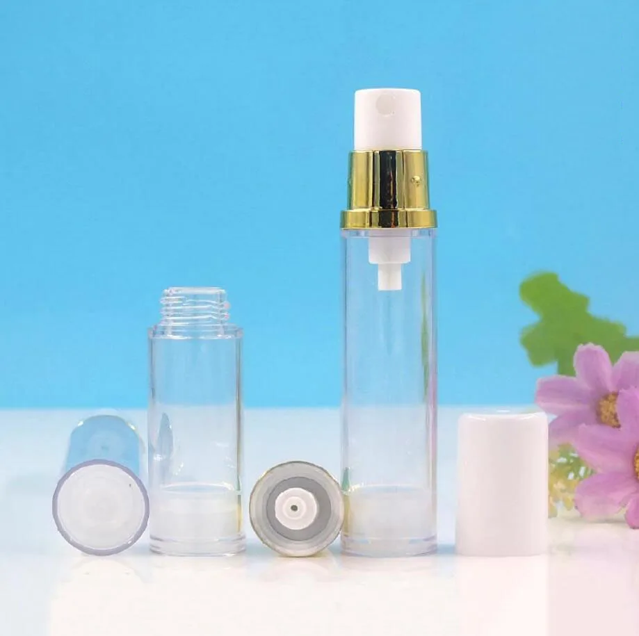 12ml 15ML クリアプラスチックエアレスボトル ゴールドポンプ ホワイト蓋 ローション/エマルジョン/美容液/アイエッセンス ファンデーション 化粧水 化粧品包装