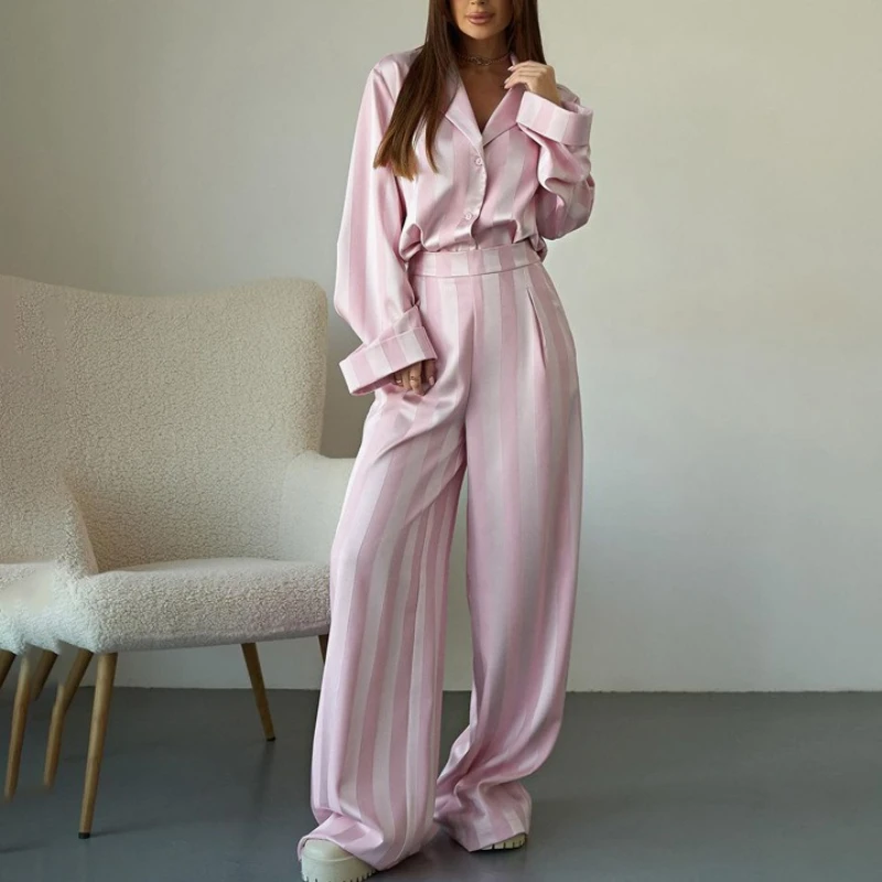 

2025 New Casual Satin Stripe Set with Collar Long Sleeve Shirt Wide Leg Pants Two Piece Set