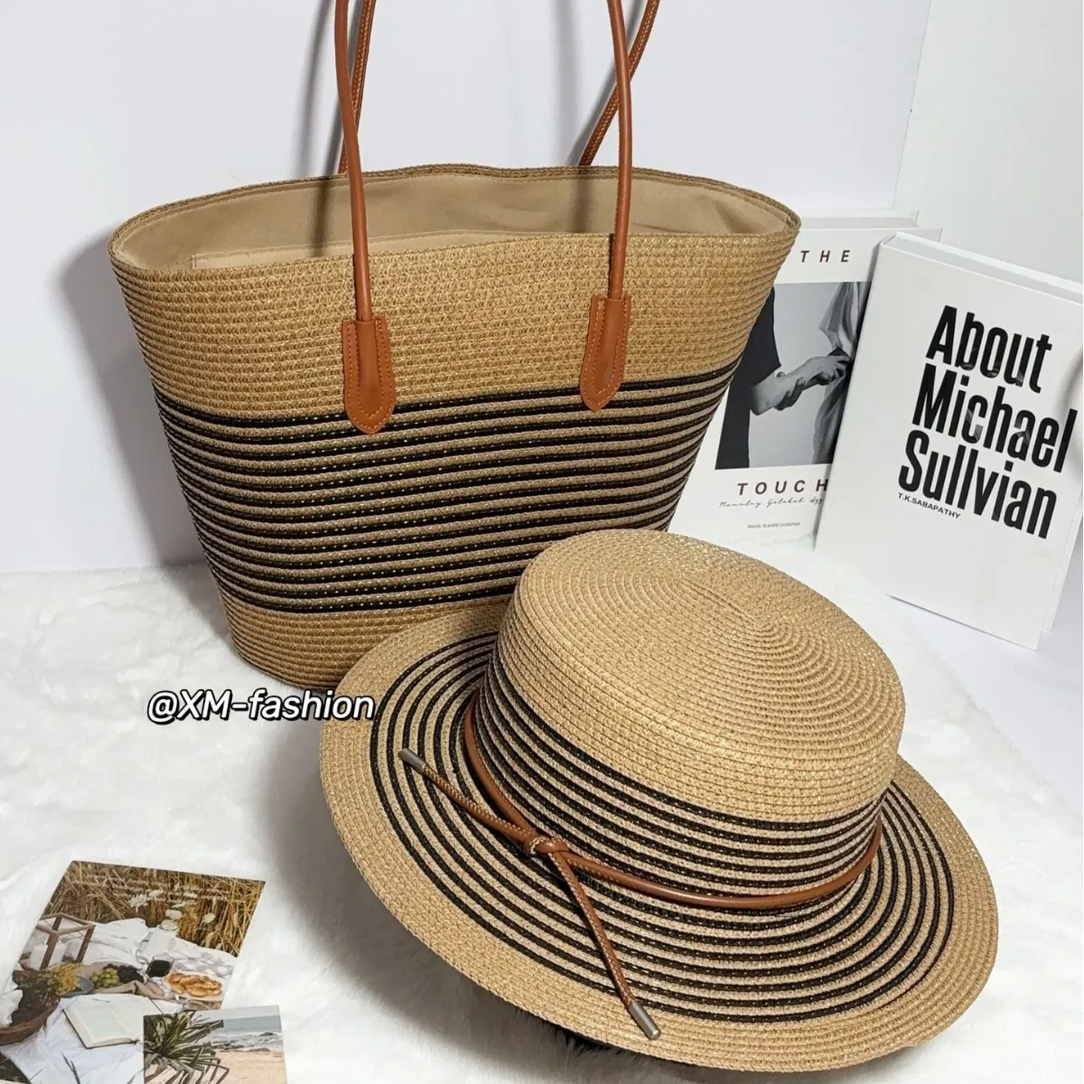 

New Upgraded Leather-Bottom Straw Bag with Sun-Proof Flat Top Wide Brim Hat and Large Capacity Striped Shoulder Woven Bag
