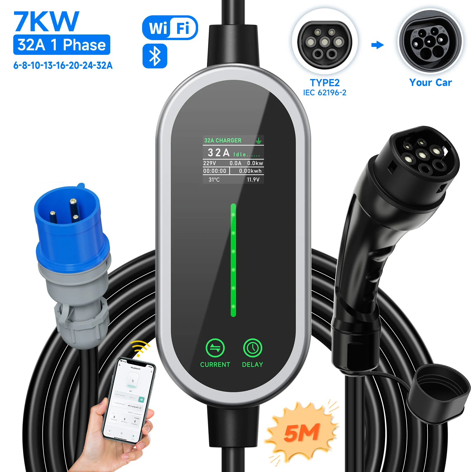 

JNTAFEV 7.2KW Type 2 EV Charger 32A 1 Phase Portable Electric Vehicle Charger CEE Plug WIFI APP Control Wallbox support 110V~250