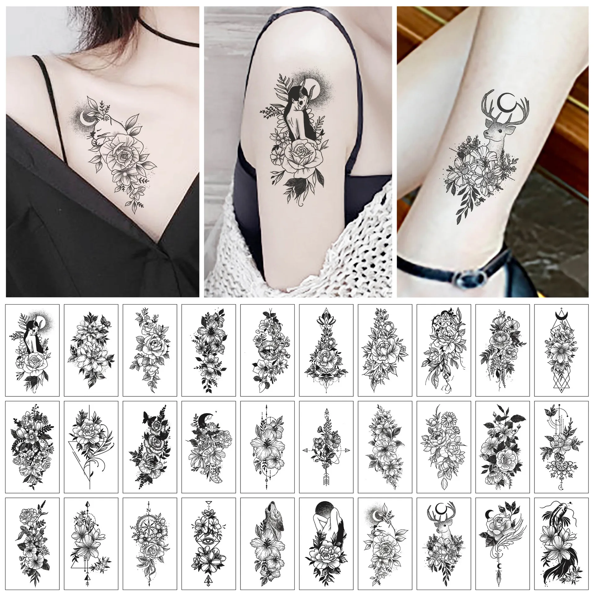 

30pcs Sketch Flower Temporary Tattoo Sticker Black And White Scar Covering Rose Small Fresh Temporary Feather Arm Tattoo Sticker