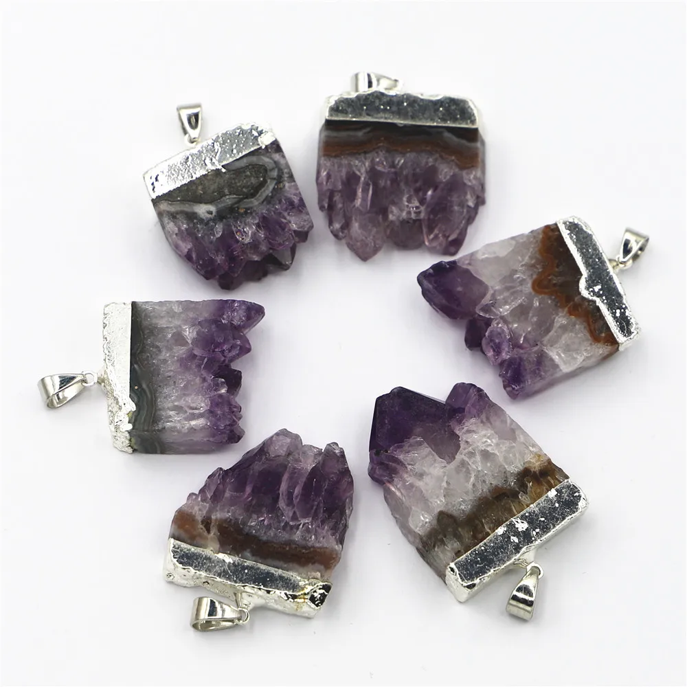 

6Pcs Druzys Natural Drusy Stone Random Amethysts Pendants Irregular Square Quartz Geode Cut Necklace Crystal Piont Healing G1112