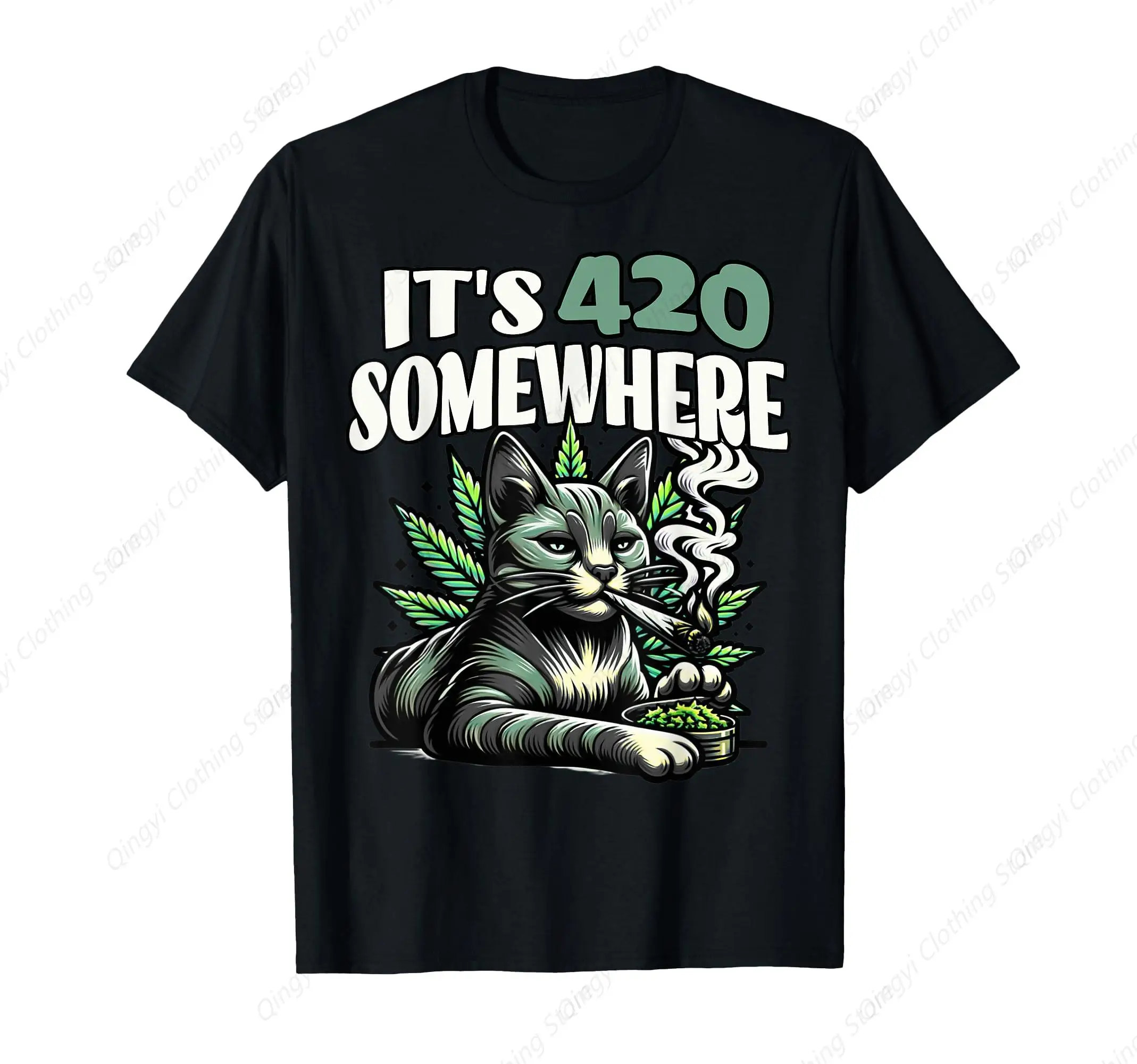 

Funny It's 420 Somewhere Weed Cat Smoking High 420 Men Women T-Shirt