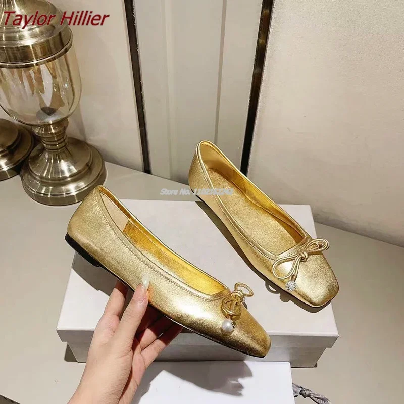 Retro Bow Leather Flat Pumps Casual Square Toe Shallow Mouth Comfortable Gold Ballet Shoes Fashion Stage Large Size Women'S Shoe