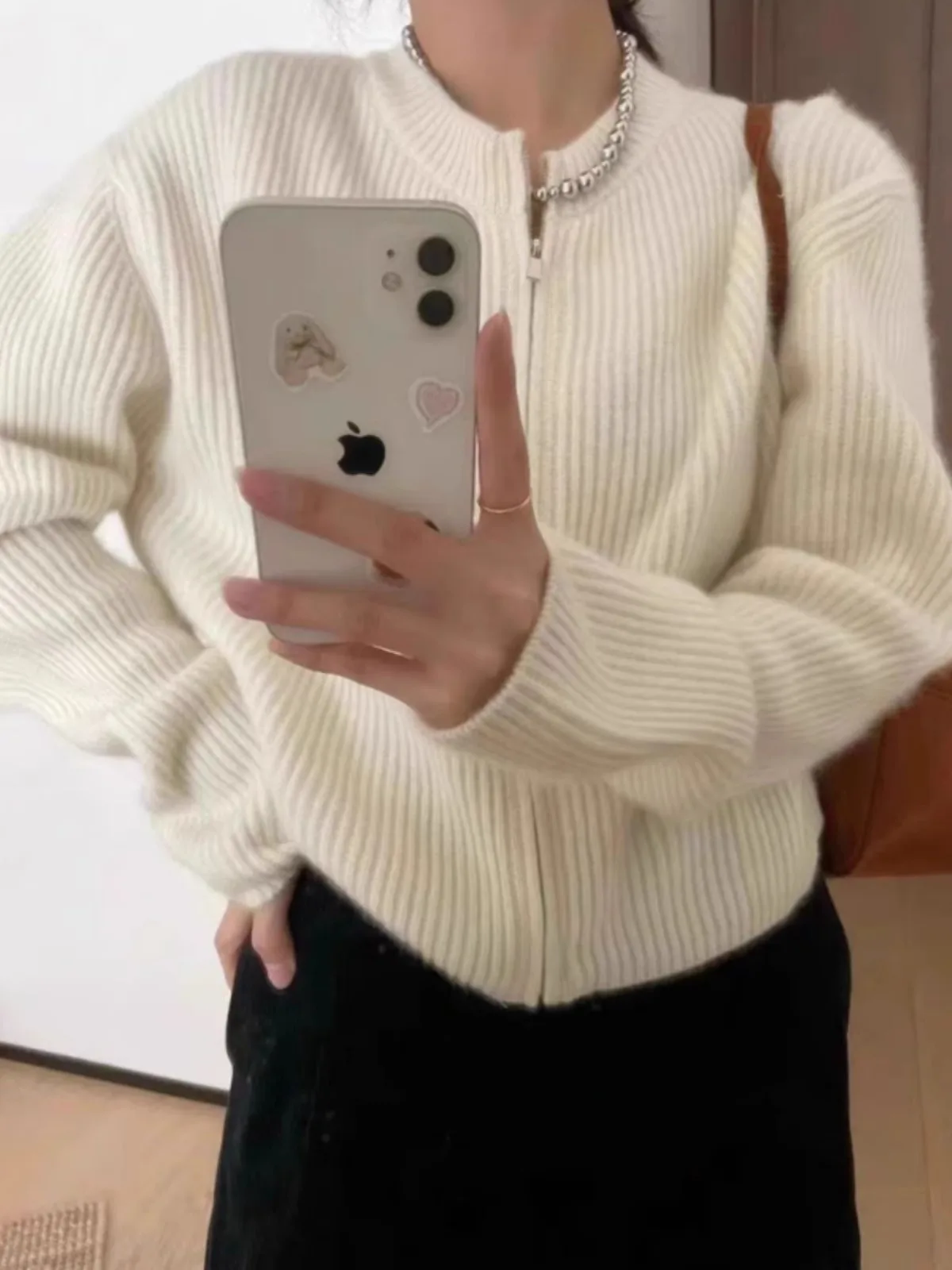 Fashion double zipper short pure cashmere knit cardigan women\'s crewneck small sweater loose wool coat