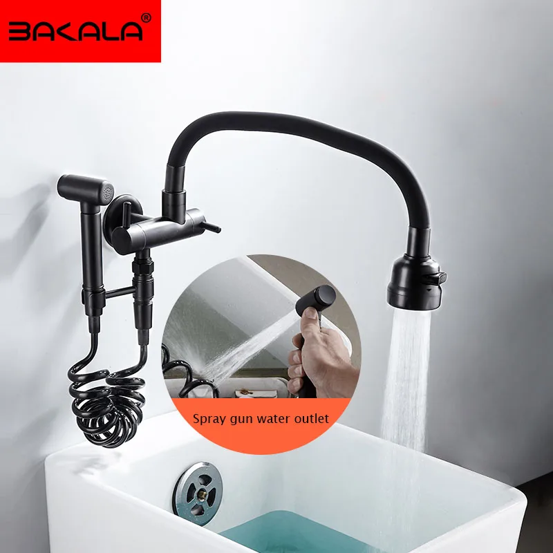 BAKALA Black Color Single Cold Wall Mounted Kitchen Faucet Wall Kitchen Mixers Kitchen Sink Tap 360 Degree Swivel Flexible Hose