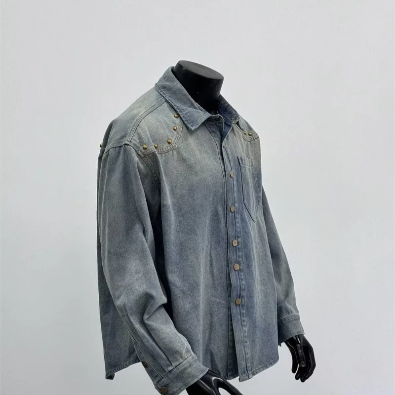 New Spring Autumn Washed Men's Denim Shirt Long Sleeve Japanese Vintage Workwear Loose Couple Gray Jacket