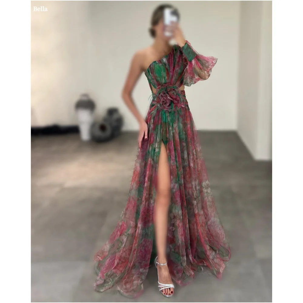 

Bella Customized Side Slit Slanted Shoulders robes de soirée Bare Your Waist Mesh Fabric Party Dresses Feathers Prom Dress 2025