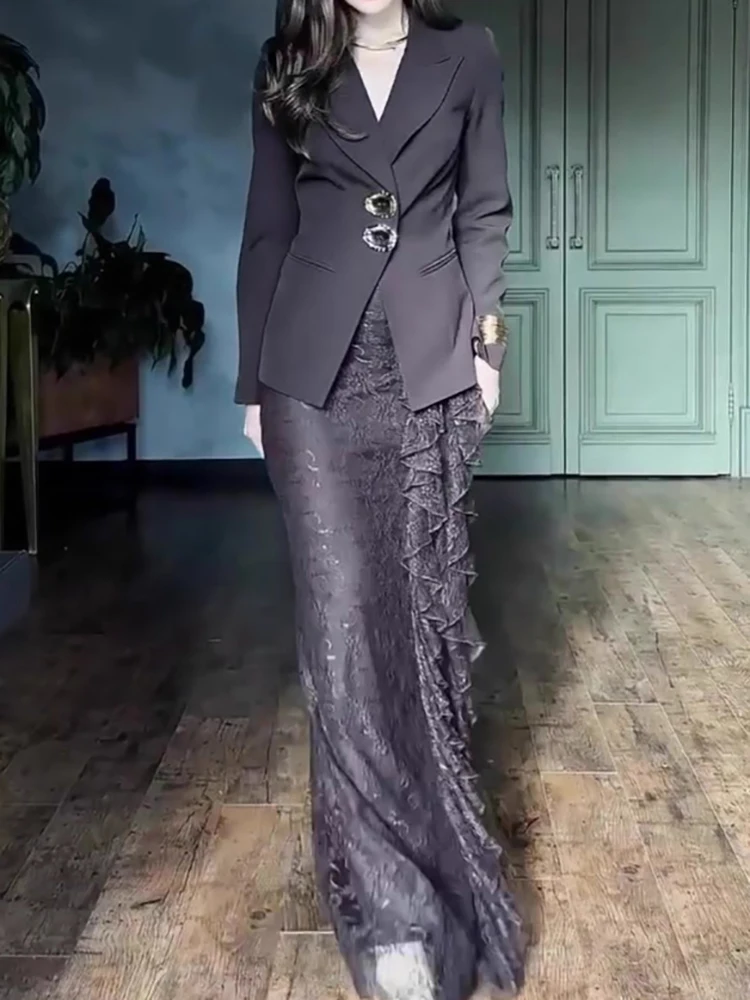 

Elegant Temperament Solid Party Outfit Autumn Winter Lapel Long Sleeved Blazer Women Sets Lace High Waist Hlaf Skirt Party Suit