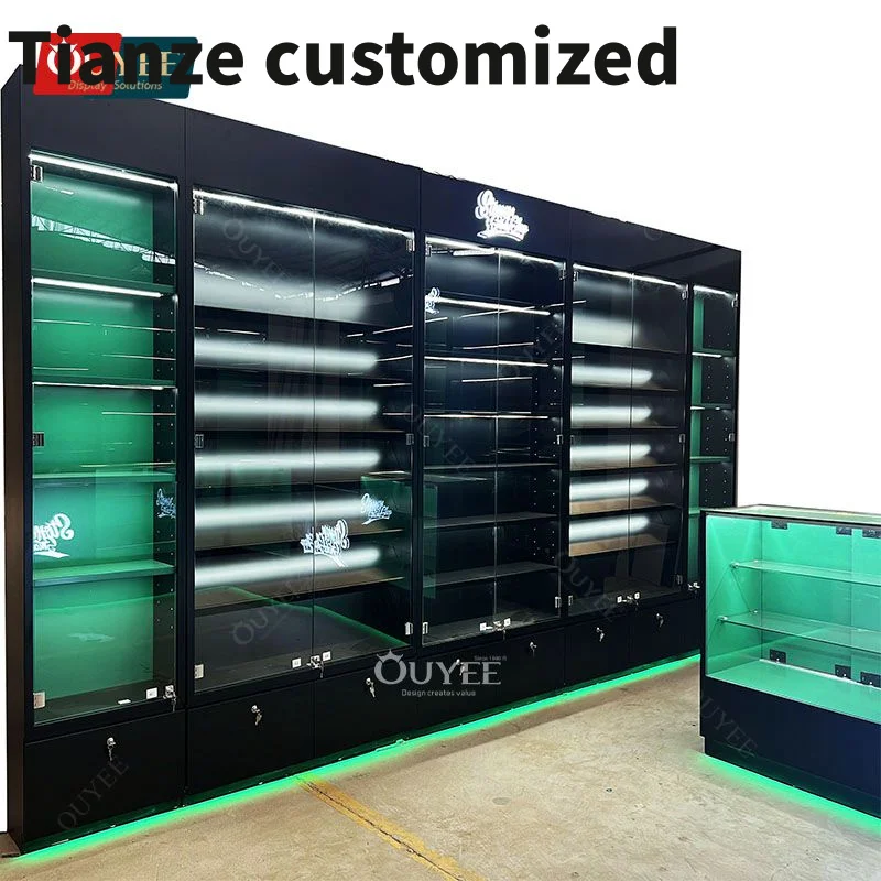 Customized-high quality LED display iron glass display cabinet cigar rack show cases smoke shops