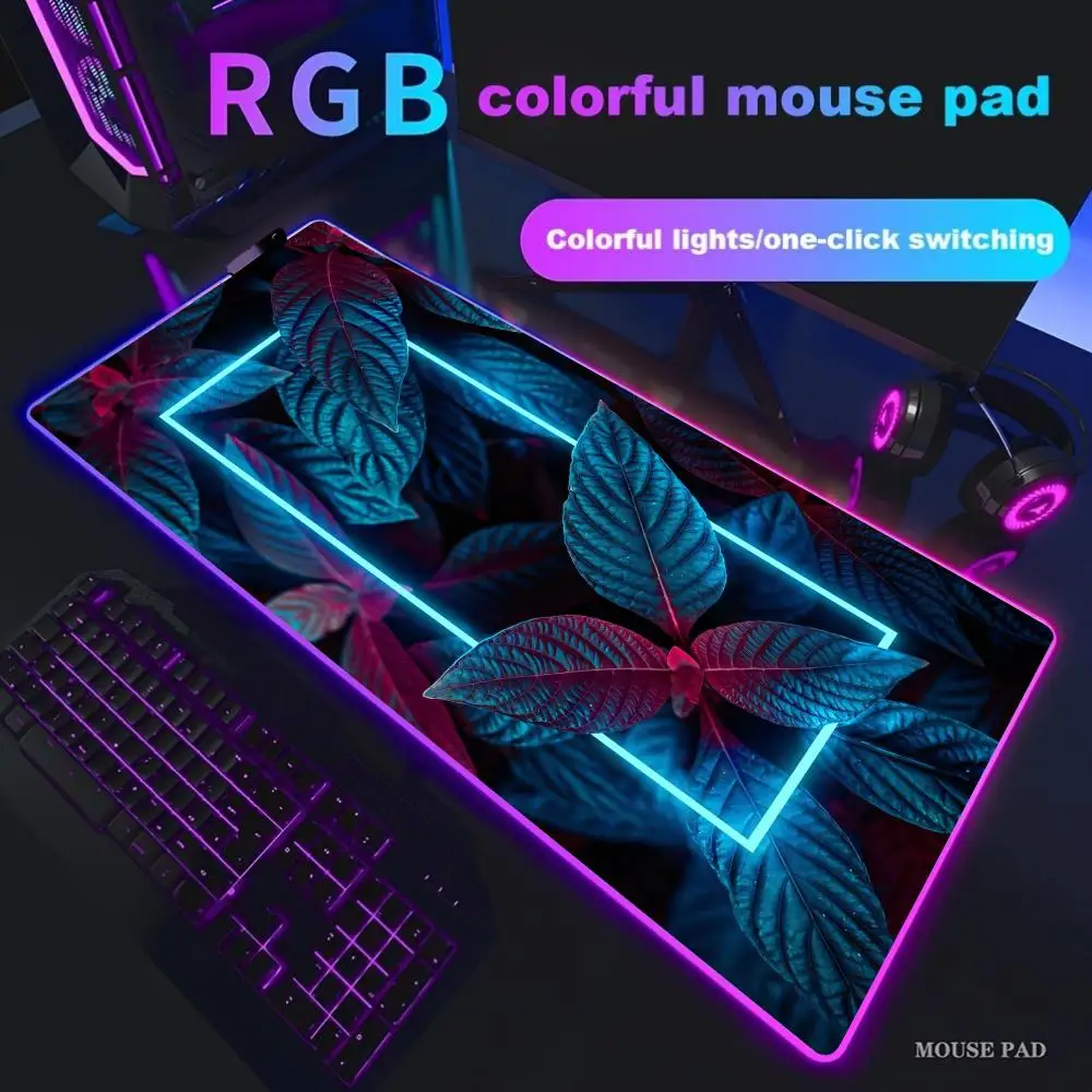 

Neon Green Tropical Plants Gaming Mouse Pad XXL RGB HD Gamer Accessories Large LED Light MousePads PC Computer Backlit Desk Mat