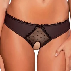 Womens Low Waist See Through Briefs Lace Open Crotch Underwear Female Bowknot Hollow Panties Crotchless Exotic Underpants