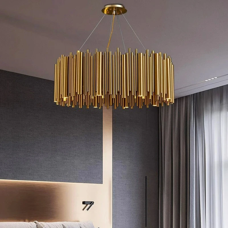 

Living room chandelier Villa duplex modern simple stainless steel creative chandelier interior lighting LED lights gold