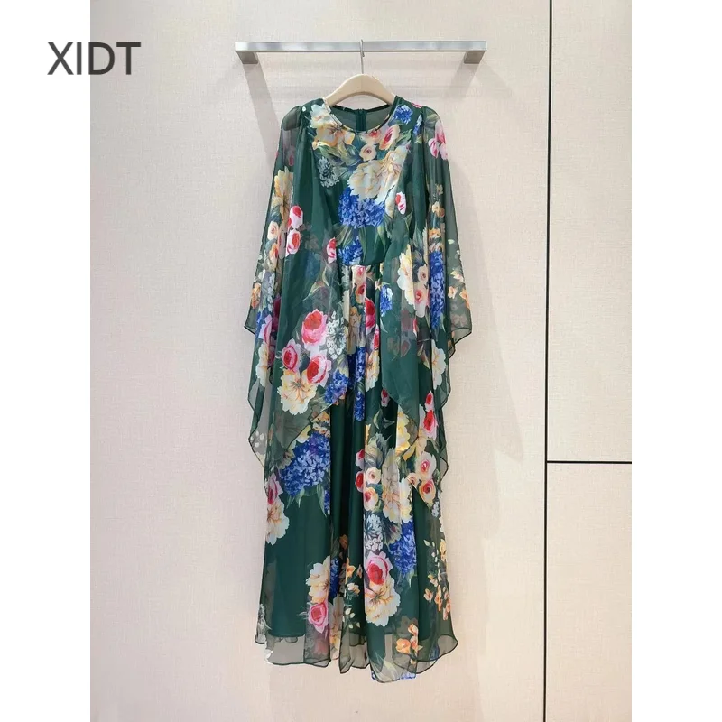 2024 New high-end custom printed green large hem dress, elegant and fashionable, with a long design