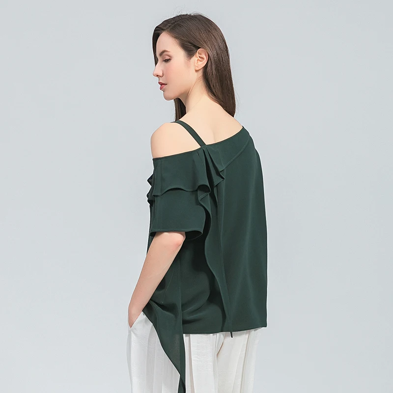 41m/m Heavy Thick Silk Unilateral Lotus Leaf Off-the-shoulder Sling Short Sleeve Diagonal-neck Baby Shirt Emerald T-Shirts BY058