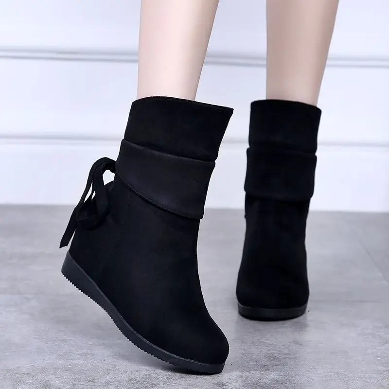 Mid Calf Blue Wedge Heel Round Toe Footwear Big Red Ladies Boots Half High Shoes for Women Winter 2024 Novelty Y2k Cosplay Hot