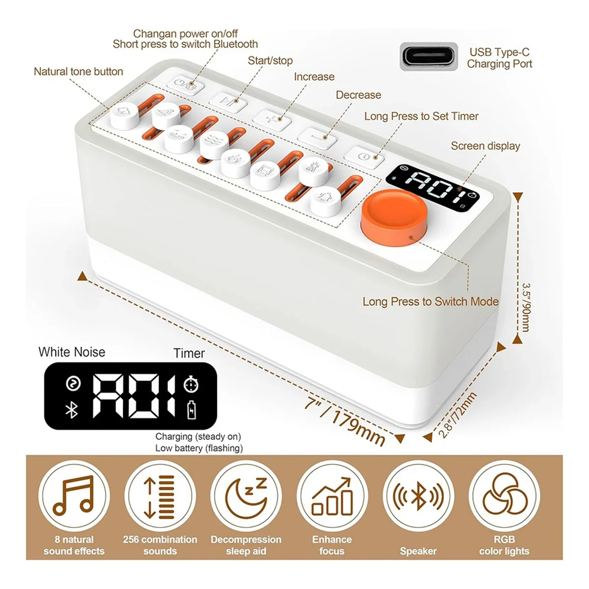 다기능 RGB 야간 조명 8 종류 자연 백색 소음 256 사운드 효과 조합 무선 블루투스 휴대용 스피커