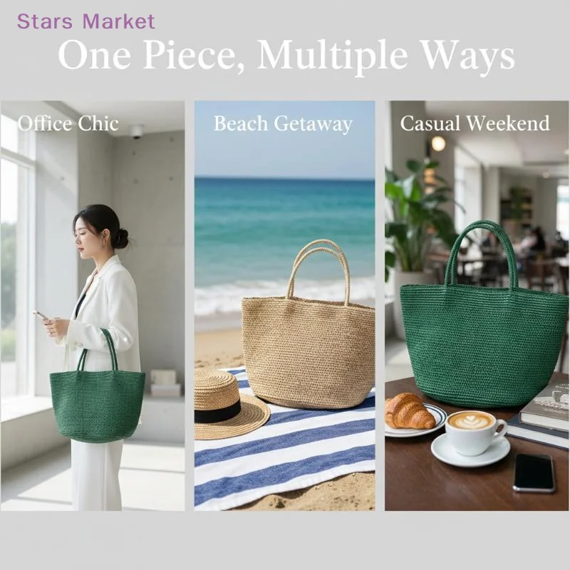 Large Handwoven Rattan Tote Bag Women's Natural Straw Beach Purse Breathable for Summer Outdoor Holiday Shopping Gifting