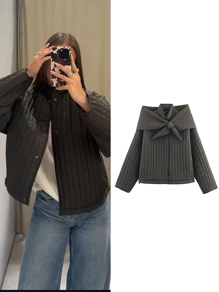 

TFMLN Women's Cotton Jacket With Scarf 2025 New Arrival Vintage Fashion High Collar Pocket Decorative Casual Chic Quilted Coat