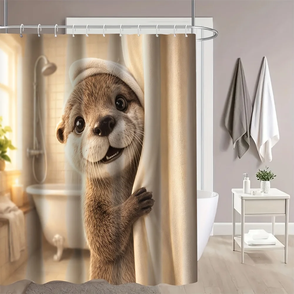 2D Flat, 2D Flat, A Healing-Style Shower Curtain Featuring a Cute Otter Peeking Out from Behind The Curtain While Wearing a Show