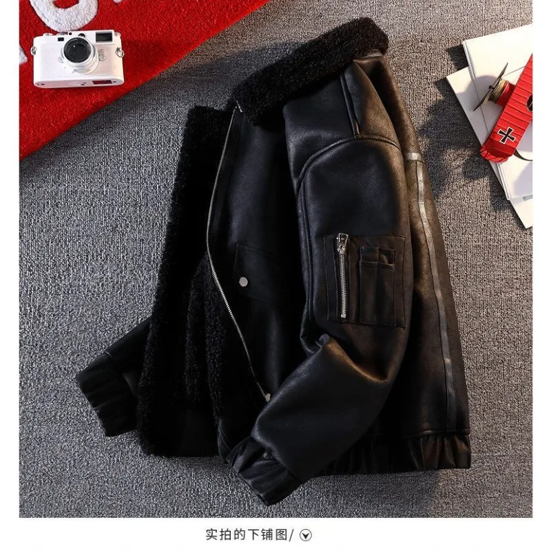 

Winter Light Luxury High-end Motorcycle New Faux Fur One-piece Leather Jacket Men Winter Men's Fleece Thickened Leather Jacket