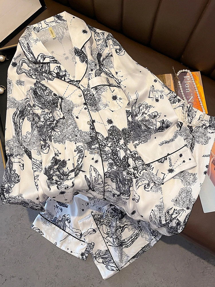 

New Ink Painting Pajama Long Sleeve Thin High Quality Mulberry Silk Set