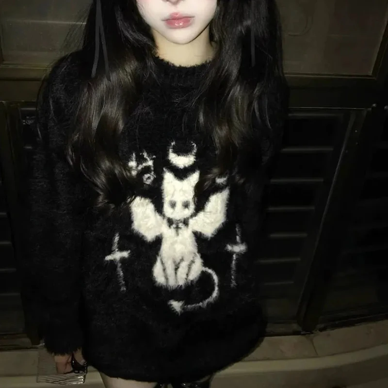 เสื้อสเวตเตอร์ไหมพรมสไตล์อนิเมะอเมริกันสำหรับผู้หญิง ขนเฟอร์เทียม แขนยาว สีดำ สไตล์โกธิค นุ่มฟู อุ่นสบาย สไตล์ฮาราจูกุ Y2K