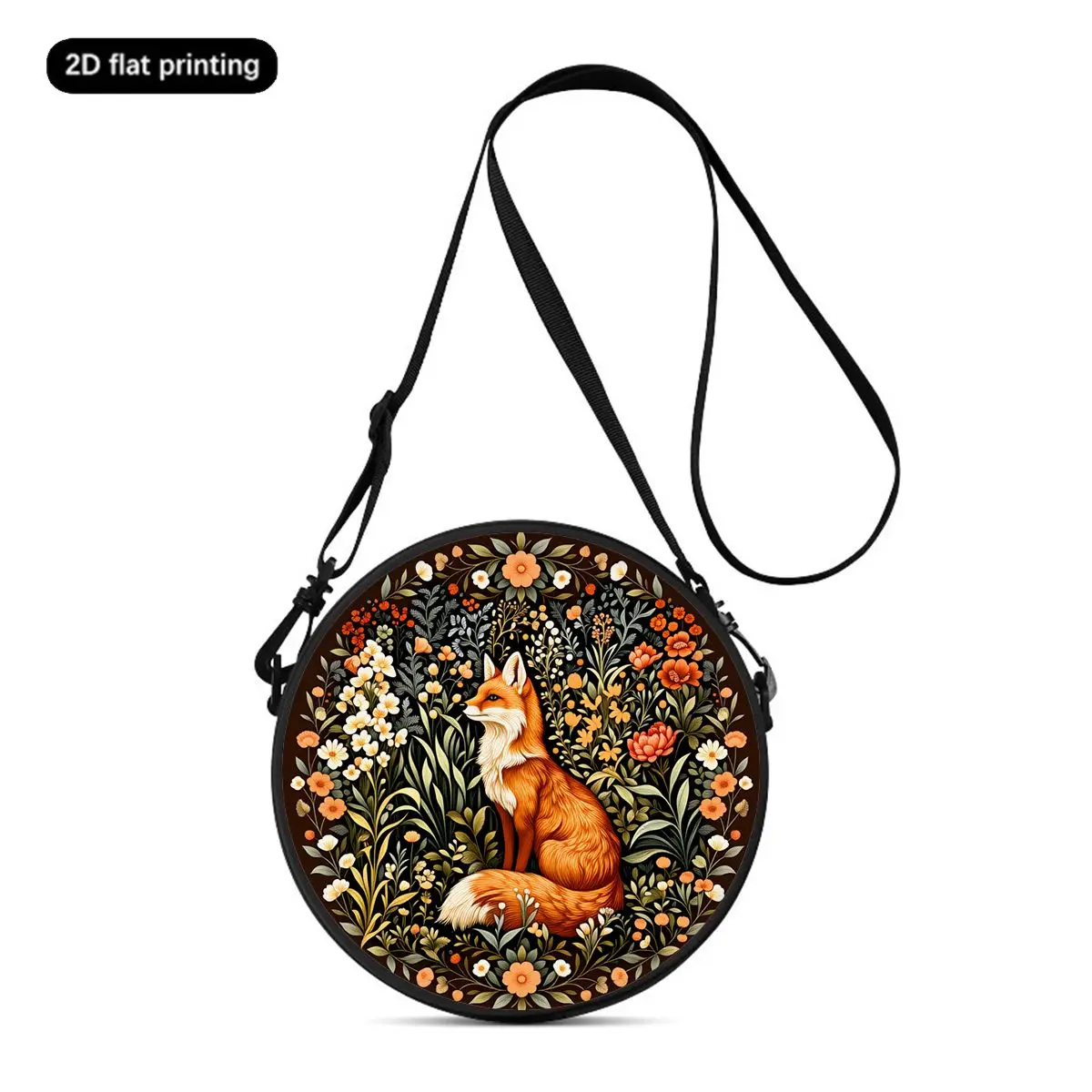 Cute Fox Print Round Shoulder Bag Casual Messenger Bag for Woman Best Gifts 2D Flat Casual Daily Crossbody Bag