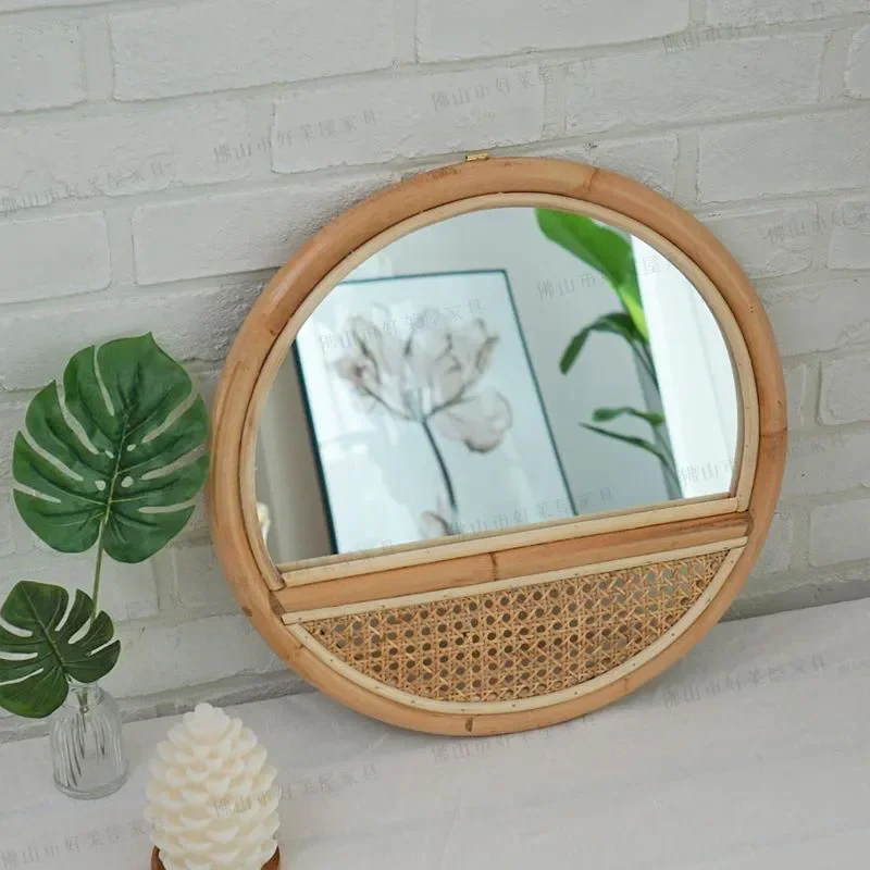 Round Retro Rattan Mirror Bamboo Hanging Wall Decor for Porch Homestay Ins Style Circular Natural Woven Decorative Accent